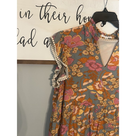 THML‎ Tiered Fall Floral Orange Pink Ruffle BoHo Tiered Flutter Sleeves Size XL - Picture 2 of 6